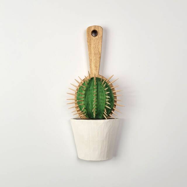 Handmade Wooden Cactus Hairbrush Sculpture, Botanical Wall Relief - image 1