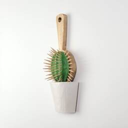 Handmade Wooden Cactus Hairbrush Sculpture, Botanical Wall Relief - thumbnail 3