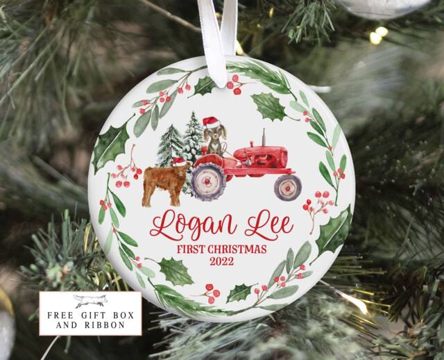 Farm Baby First Christmas Ornament, Personalized Cow Christmas, Tractor Holiday Ornament - image 1