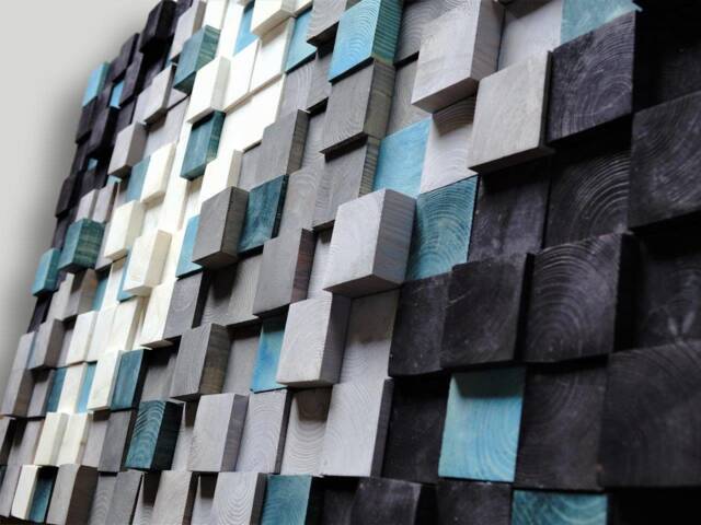 Textured Wood Mosaic Wall Art Black, Green, White, & Silver - image 1