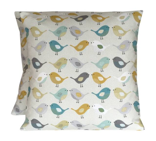 "Fryetts Bird Cushion Covers Ochre, Yellow, Blue, & Grey - Set Of 2 16""-24" - image 1