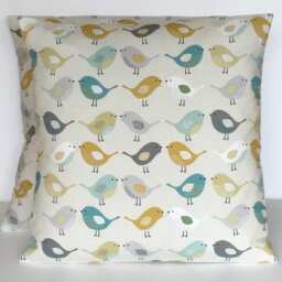 "Fryetts Bird Cushion Covers Ochre, Yellow, Blue, & Grey - Set Of 2 16""-24" - thumbnail 2