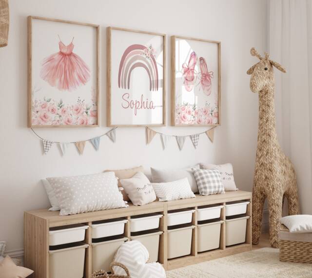 Personalized Ballet Nursery Art Prints Pink Ballerina Decor, Set Of 3 - image 1