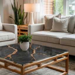 Marble Pattern With Veins Glass Table Top, Black Scandinavian-style Protective Top For Tables - thumbnail 3