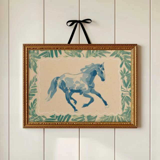 Running Blue Horse Art Print - Naive Brushstroke Painting Playful Animal Wall For Nursery, Playroom Or Modern Home - image 1