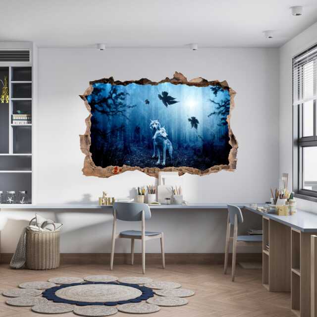 Wolf's Couple Fantsy Forest Decal - Wolf Wall Sticker Print, Decor, Extra Large Art, Vinyl Wildlife Animal Art - image 1