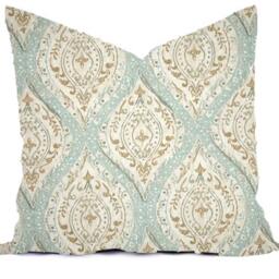 Pillow Cover Throw Accent - Spa Mist Blue Taupe Oyster Dove Gray Linen Cream Natural Modern Lattice Ikat 16x16, 18x18 - thumbnail 4