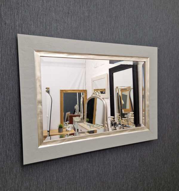 Wall Mirror Wood Frame Unique Textured Design in Light Grey & Gold Bevelled Edge Glass 84x61cm Modern Home Interior Decor Made UK - image 1