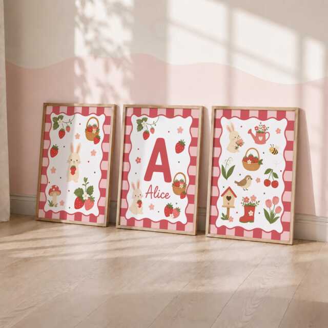 Personalised Nursery Strawberry Prints - Set Of 3 Girls Pink Wall Art, Boys Bedroom Decor - image 1