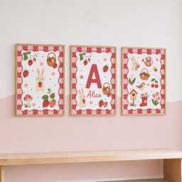 Personalised Nursery Strawberry Prints - Set Of 3 Girls Pink Wall Art, Boys Bedroom Decor - thumbnail 3