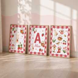 Personalised Nursery Strawberry Prints - Set Of 3 Girls Pink Wall Art, Boys Bedroom Decor