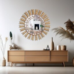Peruvian Leaf Mirror 60 cm Handmade Wall Decor - Carved Wood Round Nature Inspired For Living Room Bathroom - thumbnail 3