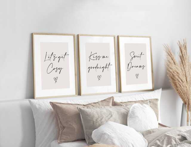 Cosy Sweet Dreams Beige Prints, Set Of 3, Bedroom Print, Neutral Home Goodnight Sleep Wall Art, Bed Print