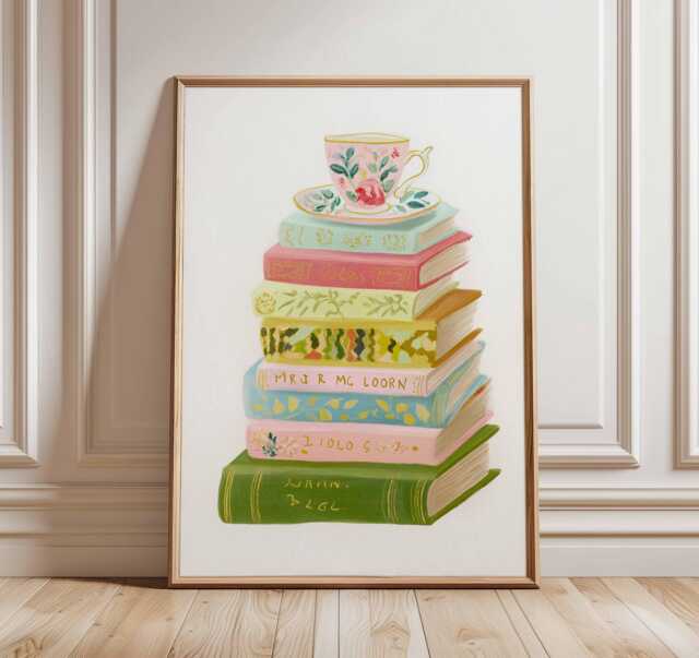 Book Stack Art Print - Teacup Illustration Poster Pastel Lover Wall Cozy Reading Room Decor Whimsical Literary Artwork - image 1