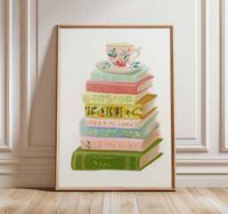 Book Stack Art Print - Teacup Illustration Poster Pastel Lover Wall Cozy Reading Room Decor Whimsical Literary Artwork - thumbnail 1