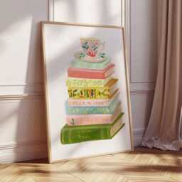 Book Stack Art Print - Teacup Illustration Poster Pastel Lover Wall Cozy Reading Room Decor Whimsical Literary Artwork - thumbnail 2
