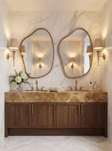 Asymmetrical Brass Mirror - Irrugular Vanity Mirror, Bronze Frame Bathroom Mirrors - image 1