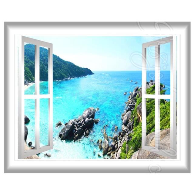 Scenic Aerial View Ocean Scene 3D Window Frame Peel & Stick Wall Mural Graphics Gj05