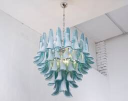 Petali Suspension Lamp ??70 cm Made in Italy Murano Glass Ottanium & White, Vintage Style Chandelier - thumbnail 1