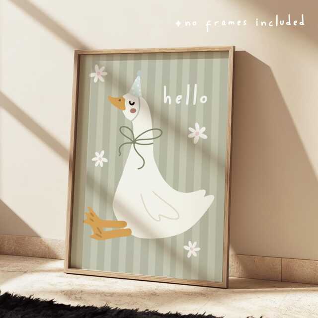 Cute Hello Party Goose & Daisy Print in Pastel Sage Green With Stripey Background, Children's Bedroom Decor, Girl Nursery - image 1