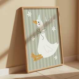 Cute Hello Party Goose & Daisy Print in Pastel Sage Green With Stripey Background, Children's Bedroom Decor, Girl Nursery - thumbnail 3