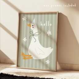 Cute Hello Party Goose & Daisy Print in Pastel Sage Green With Stripey Background, Children's Bedroom Decor, Girl Nursery - thumbnail 1