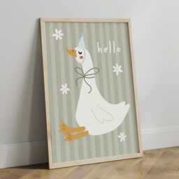 Cute Hello Party Goose & Daisy Print in Pastel Sage Green With Stripey Background, Children's Bedroom Decor, Girl Nursery - thumbnail 2