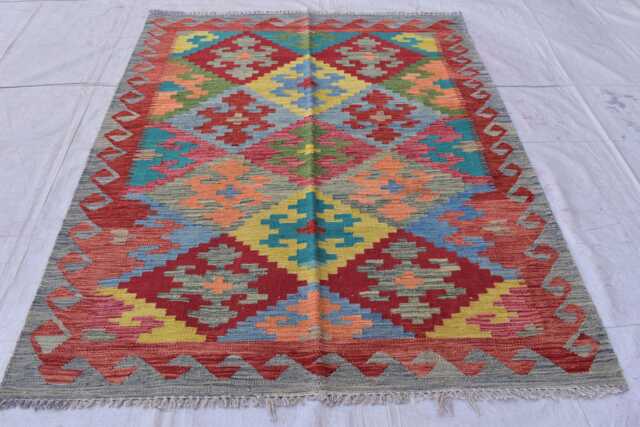 Handwoven Afghan Kilim Rug Geometric Wool Tribal Design - 6.8x5 Ft - image 1