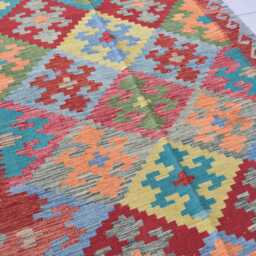Handwoven Afghan Kilim Rug Geometric Wool Tribal Design - 6.8x5 Ft - thumbnail 2
