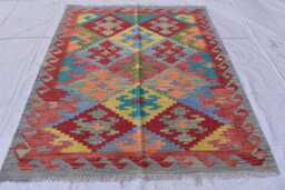 Handwoven Afghan Kilim Rug Geometric Wool Tribal Design - 6.8x5 Ft - thumbnail 1
