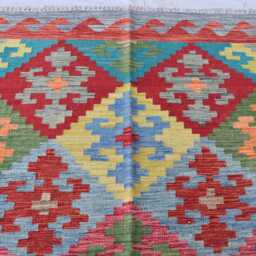 Handwoven Afghan Kilim Rug Geometric Wool Tribal Design - 6.8x5 Ft - thumbnail 3
