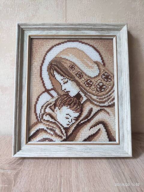Madonna & Child Framed Bead Embroidery, Gift For Newborn - image 1