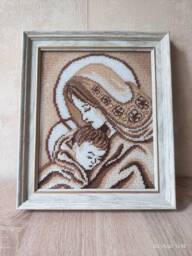 Madonna & Child Framed Bead Embroidery, Gift For Newborn - thumbnail 1