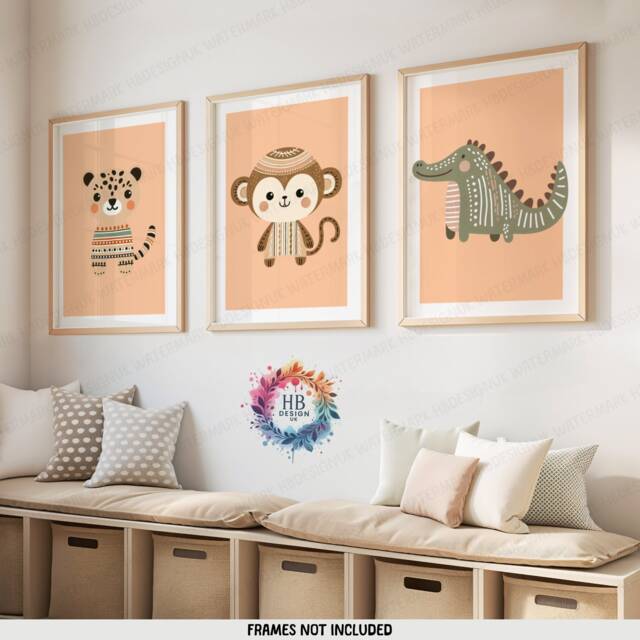 Boho Animal Nursery Prints - Set Of 3 Posters - Safari Kids Playroom Wall Art Cute Designs Orange Coloured Artwork Baby Bedroom Decor - image 1