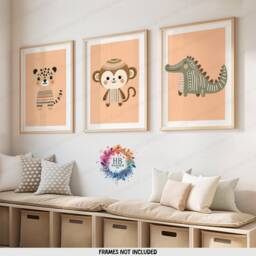 Boho Animal Nursery Prints - Set Of 3 Posters - Safari Kids Playroom Wall Art Cute Designs Orange Coloured Artwork Baby Bedroom Decor - thumbnail 1