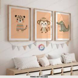 Boho Animal Nursery Prints - Set Of 3 Posters - Safari Kids Playroom Wall Art Cute Designs Orange Coloured Artwork Baby Bedroom Decor - thumbnail 2
