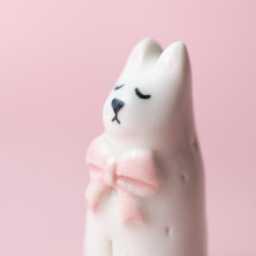 Handmade Stoneware Cat Figurine Minimalist Ceramic With Pink Bow - thumbnail 2