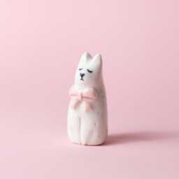 Handmade Stoneware Cat Figurine Minimalist Ceramic With Pink Bow