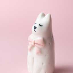 Handmade Stoneware Cat Figurine Minimalist Ceramic With Pink Bow - thumbnail 4