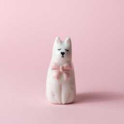 Handmade Stoneware Cat Figurine Minimalist Ceramic With Pink Bow - thumbnail 3