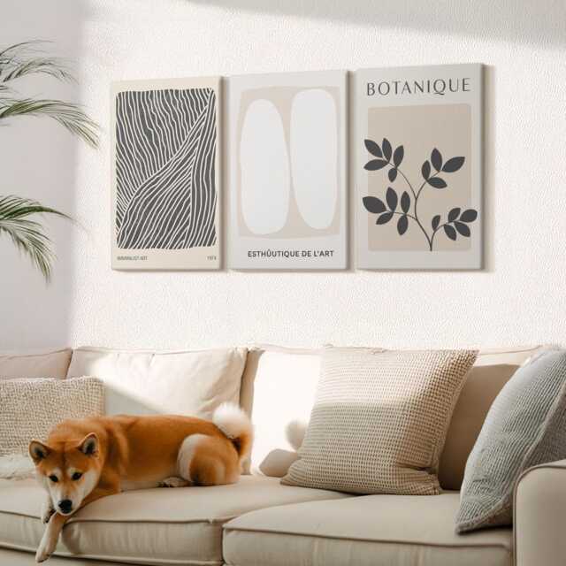 Canvas Set Of 3 Wall Art - Floral Patterns & Minimalist Lines in Neutral Colors, Beige Large Art, Abstract Hanging Piece - image 1