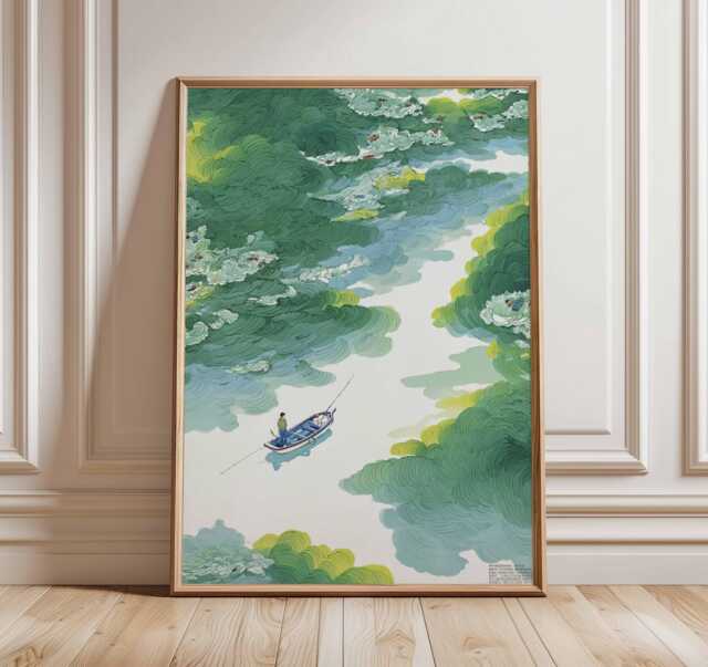 Japanese Fishing Wall Art, Oriental River Landscape Poster Print, Asian Nature Artwork, Zen Water Scene Decor, Minimalist Boat Print - image 1