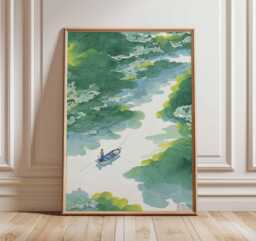 Japanese Fishing Wall Art, Oriental River Landscape Poster Print, Asian Nature Artwork, Zen Water Scene Decor, Minimalist Boat Print - thumbnail 1