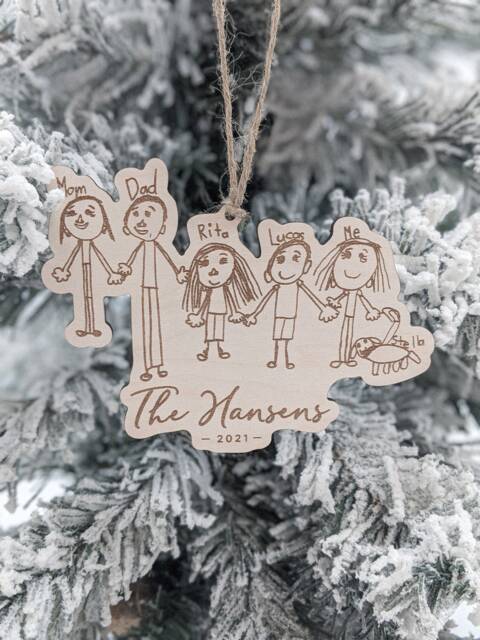 Family Ornament, Your Child's Christmas Keepsake, Kid's Handwriting, Drawing, Artwork, Personalized Name, Grandparents Gift, Wood Engraved - image 1