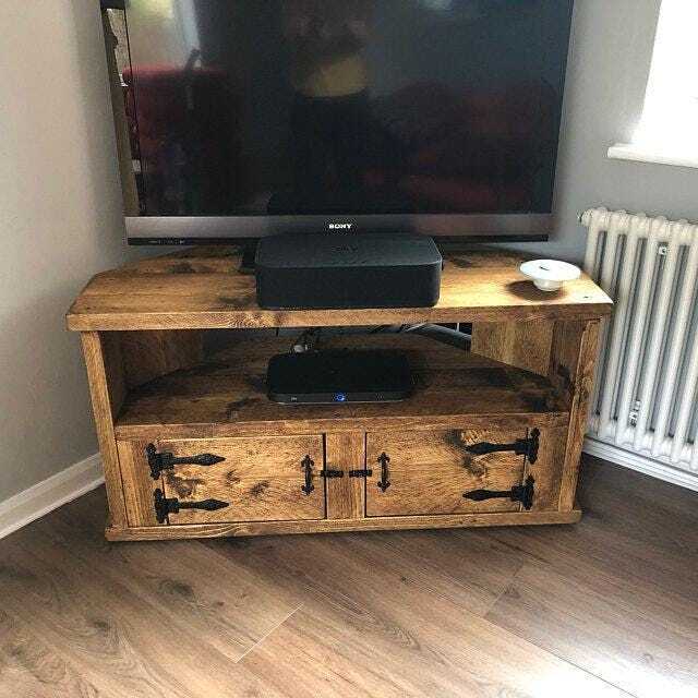 Wooden Corner Tv Unit Living Room Stand. Antique Rustic Side Table With Doors & Modern Ironmongery - image 1