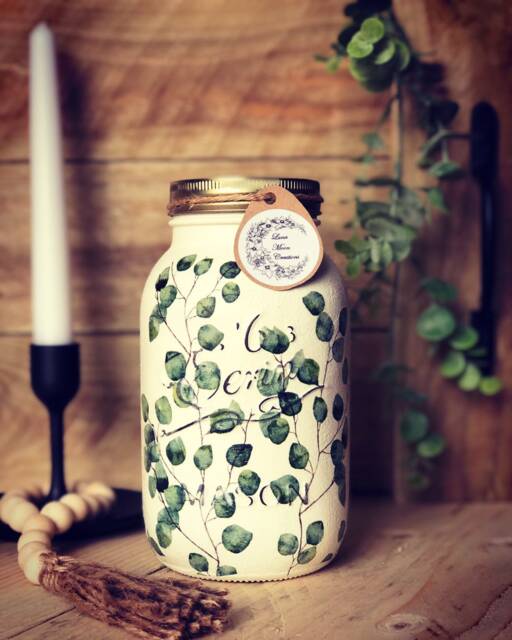 Hand Decorated Mason Jar - Hygge, Nature, Leaves, Nordic, Scandi, Vase, Storage, Gift - image 1