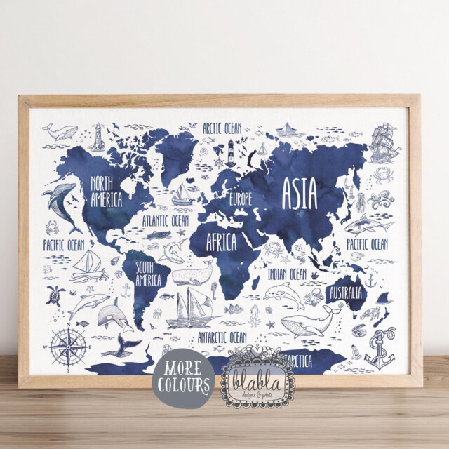 World Map For Kids, Kids Map, Nautical Nursery Art, Navy Watercolour Boys Room Poster, Boy Gift, Nursery - image 1