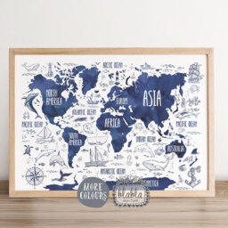 World Map For Kids, Kids Map, Nautical Nursery Art, Navy Watercolour Boys Room Poster, Boy Gift, Nursery - thumbnail 1