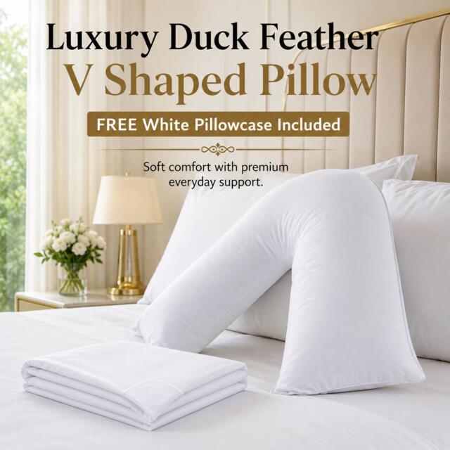 Duck Feather & Down V Shaped Pillow With Free White Pillowcase Orthopedic Head Neck Back Support 74cm X 34cm - image 1
