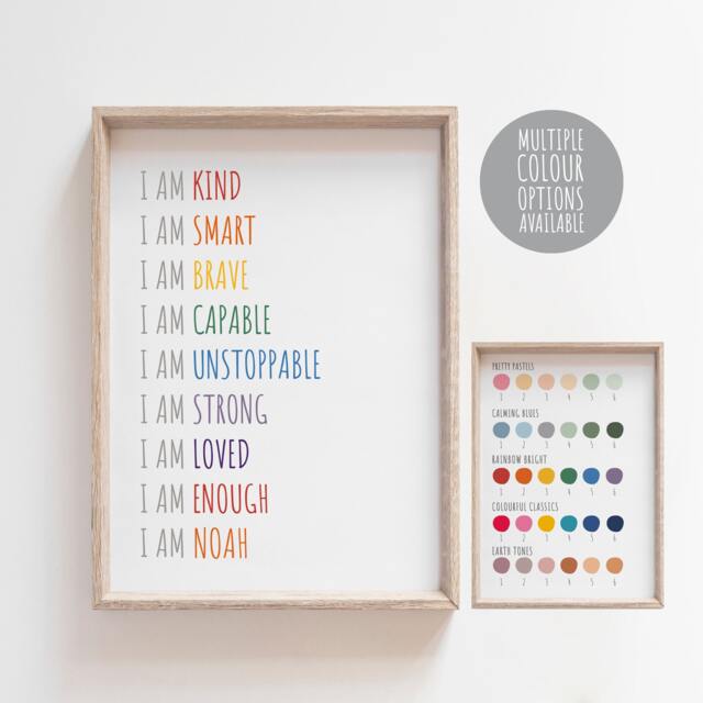 Positive Daily Affirmation Print, Girls Bedroom Prints, Self Love Rainbow Playroom Wall Art, Personalised Name Print - image 1
